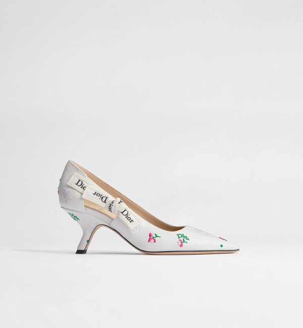 J'A Pump White Lambskin Embroidered with Multicolor Doves and Roses