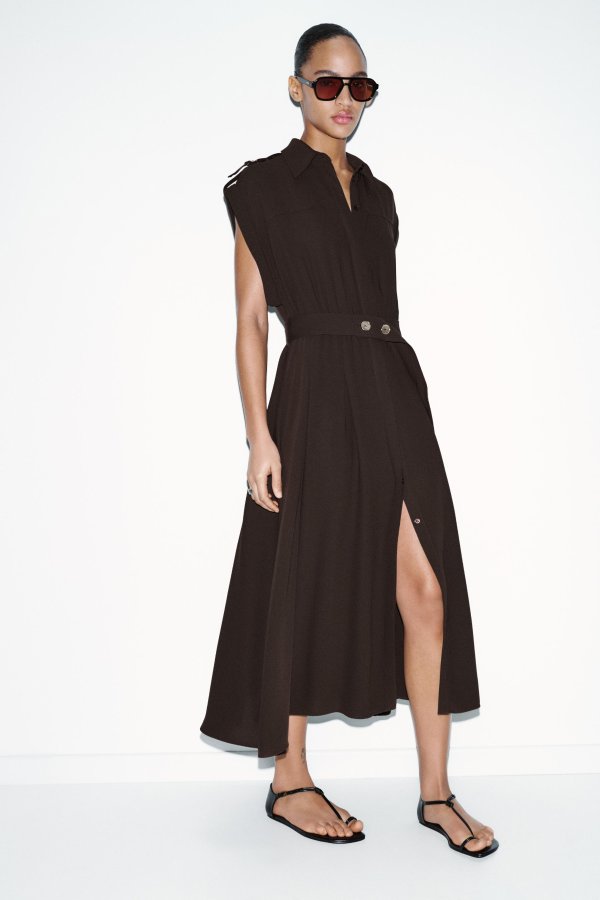 Lapel Collar Sleeveless Midi Dress Belted Waist