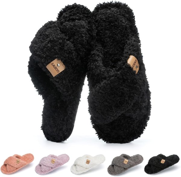 Fuzzy Cross Band Memory Foam Slippers for Women Indoor Outdoor
