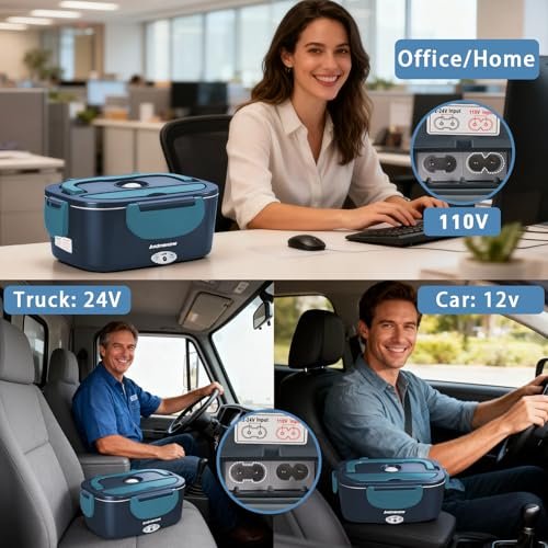 Andmenow Electric Lunch Box Portable Food Warmer Gray Blue 2-Container