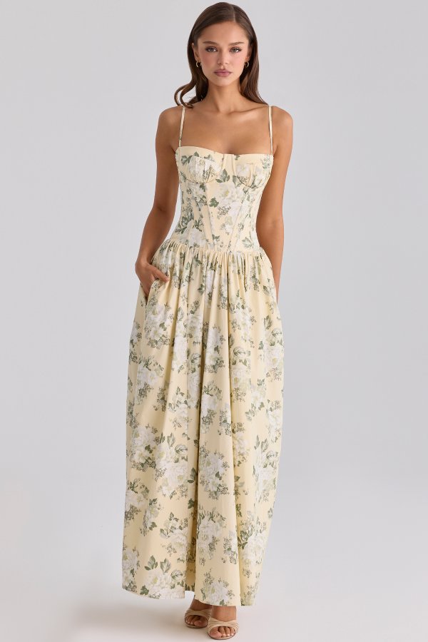 House of CB Rona Lemon Floral Print Cotton Maxi Dress
