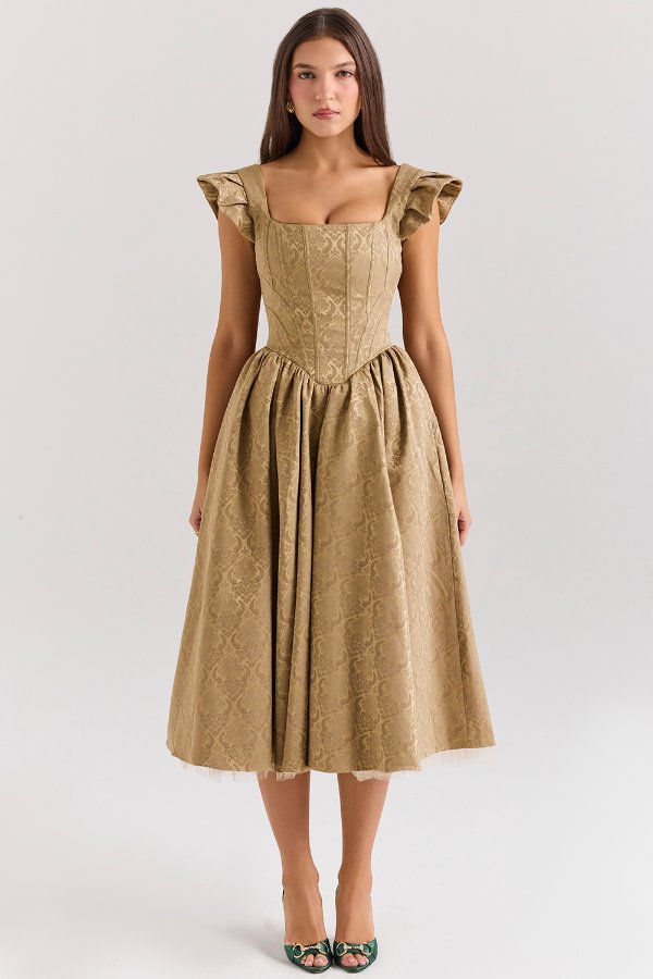 House of CB Gold Jacquard Midi Dress with Detachable Bow