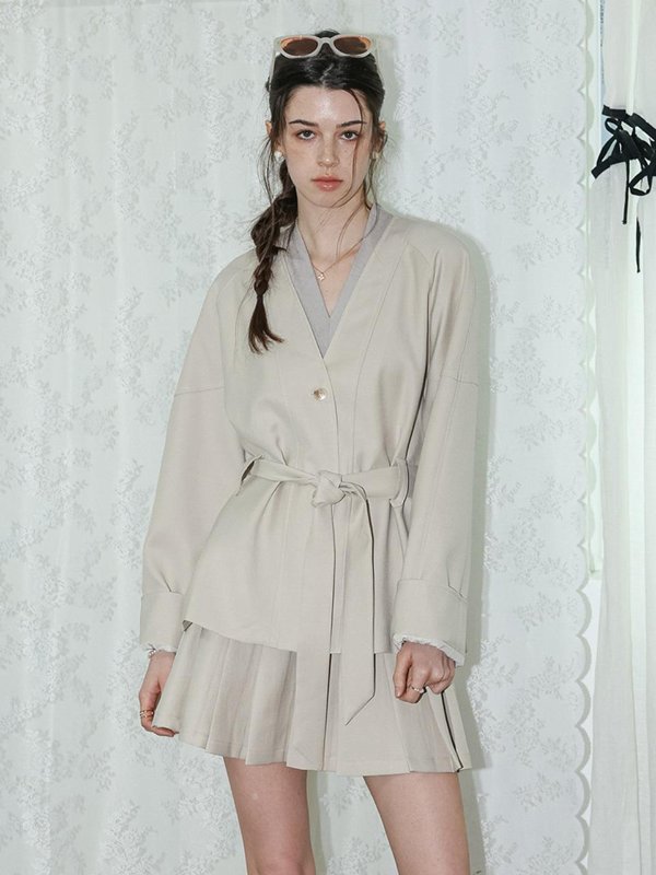 DUNDROP Wrap Style Top and Pleated Mini Skirt Set Beige