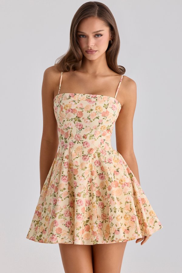 House of CB Dolly Warm Rose Print Cotton Flared Mini Sundress