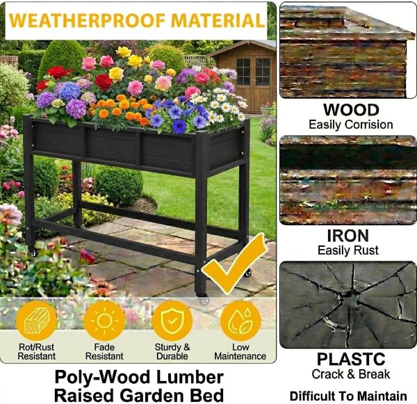 DWVO Raised Garden Bed HDPE 47x18x31in Black