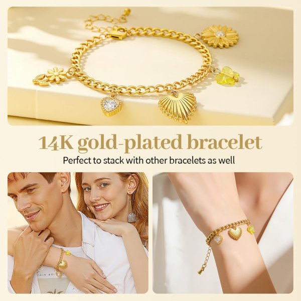 14K Gold Plated Heart Charm Bracelet Stainless Steel