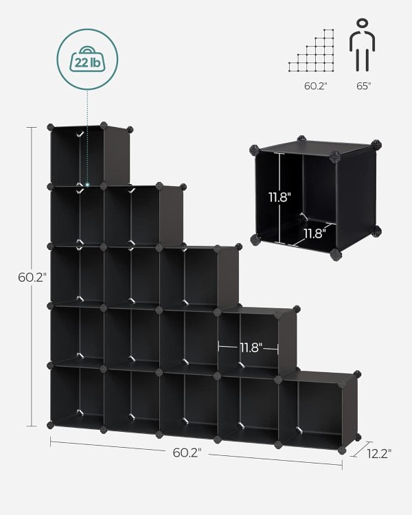 ULPC44BK Plastic Storage Organizer 16 Cubes Black