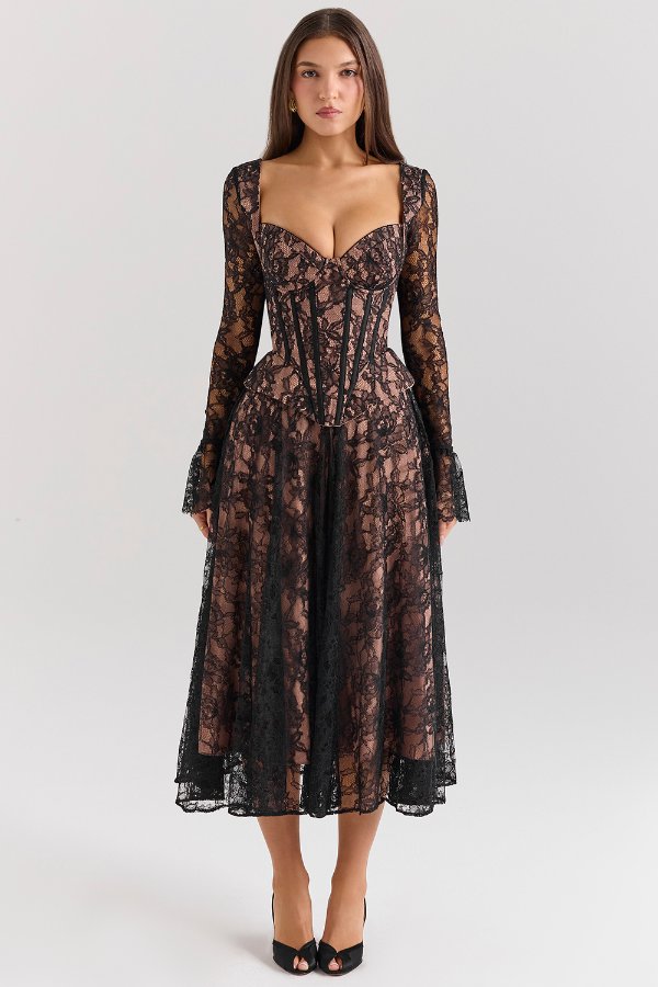 House of CB Black Lace Corset Midi Dress
