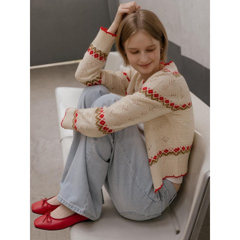 TILLIDIE Flower Jacquard Cardigan Oat Beige