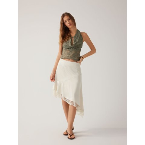 Satin 中腰蕾丝拼接中长裙