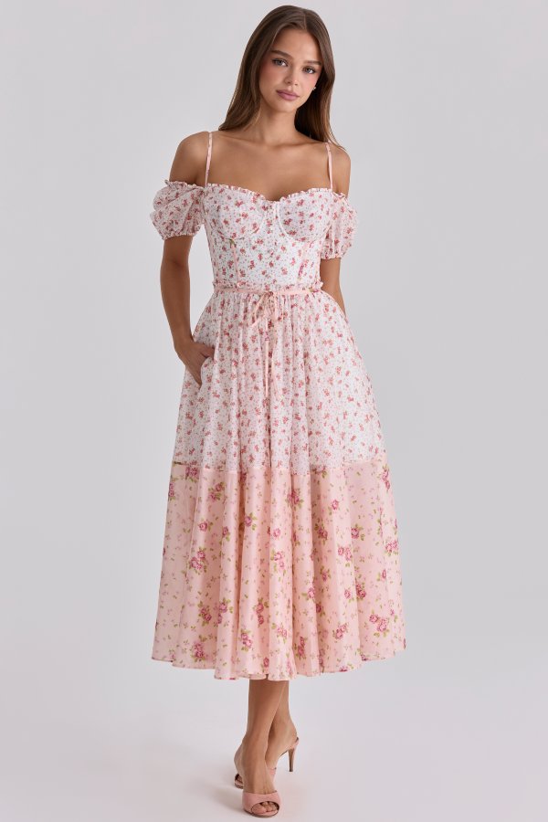 House of CB White Rose Print Chiffon Midi Dress