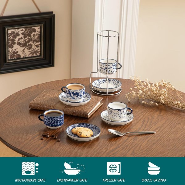 vancasso SELENE Vintage Blue Porcelain Espresso Cups 2.5oz Set of 4