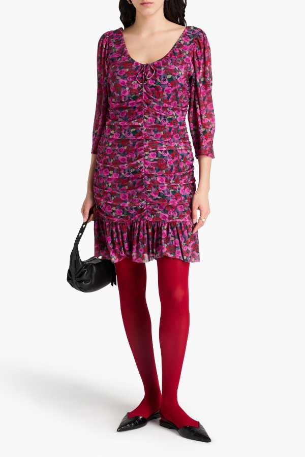 Ruched Floral-Print Stretch Satin Mini Dress