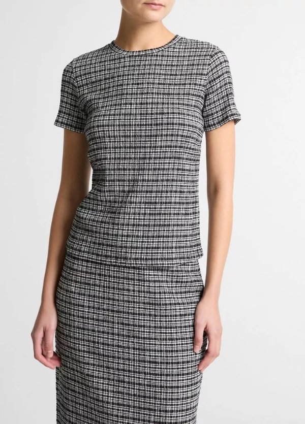 Plaid Grid-Knit Short Sleeve Crew Neck Top
