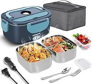 Andmenow Electric Lunch Box Portable Food Warmer Gray Blue 2-Container