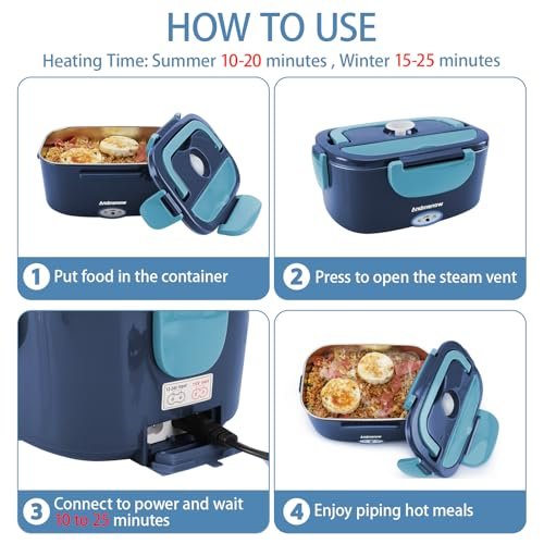 Andmenow Electric Lunch Box Portable Food Warmer Gray Blue 2-Container