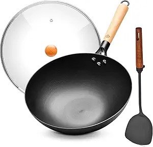 WANGYUANJI 12.6" Carbon Steel Wok with Lid