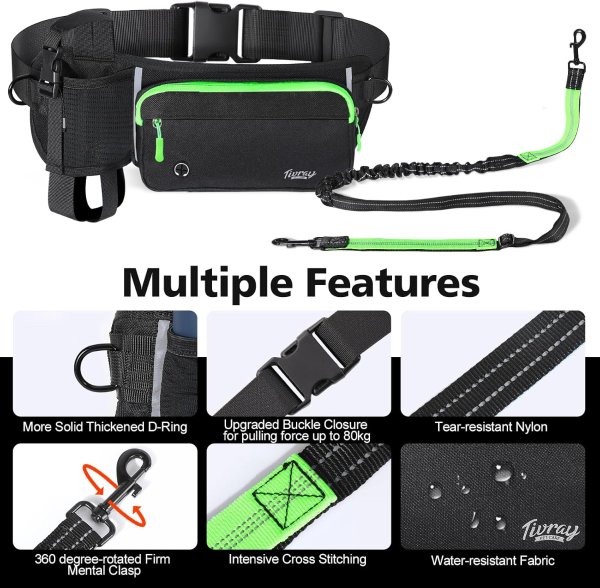 Tivray Adjustable Waist Hands Free Dog Leash Black Green