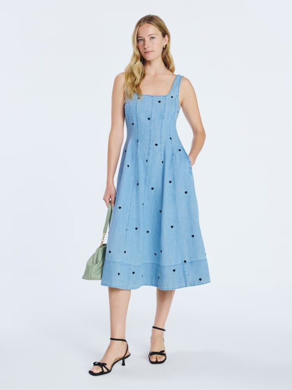 Women's Embroidered Hearts Denim Midi Dress