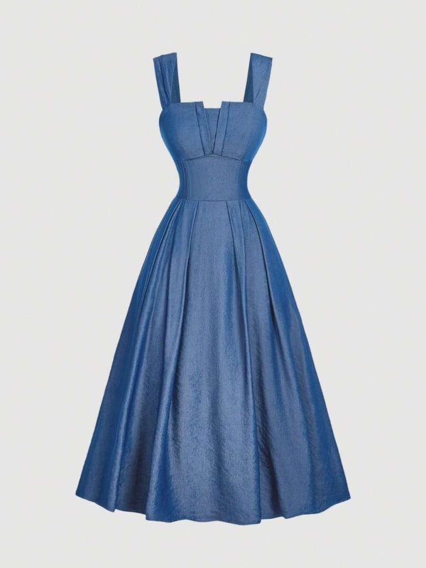 SHEIN MOD Women's Blue Denim Maxi Dress V-Neck