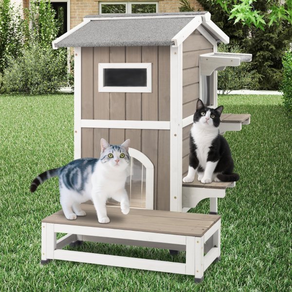 PetsCosset Wooden Outdoor Cat House Weatherproof with Balcony