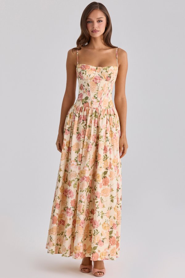 House of CB Rona Warm Rose Print Cotton Maxi Dress