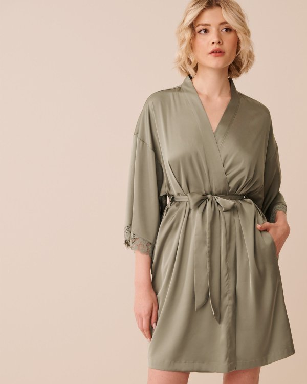 La Vie en Rose Lace Trim Satin Kimono Sage Green