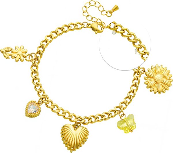 14K Gold Plated Heart Charm Bracelet Stainless Steel