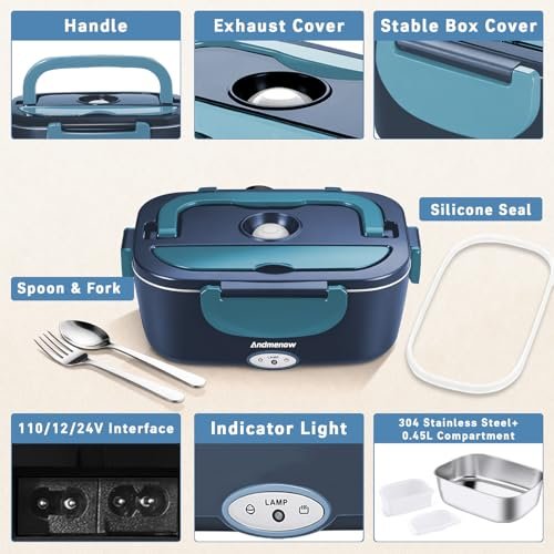 Andmenow Electric Lunch Box Portable Food Warmer Gray Blue 2-Container