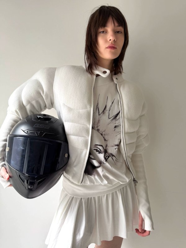 Nφdress White Short Puffer Racer Jacket Muscle Fit