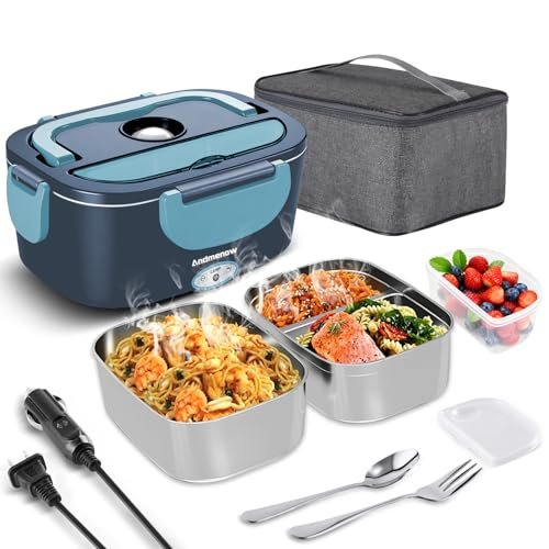 Andmenow Electric Lunch Box Portable Food Warmer Gray Blue 2-Container