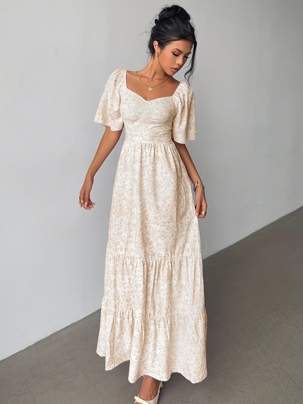 ASD1 Summer Floral Long Dress Women Short Sleeve