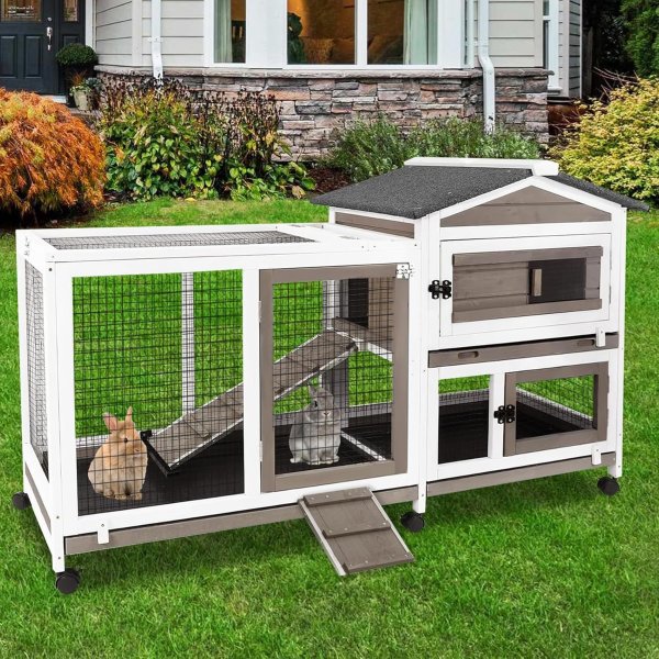 PetsCosset Rabbit Hutch Two-Story Waterproof Roof with Wheels