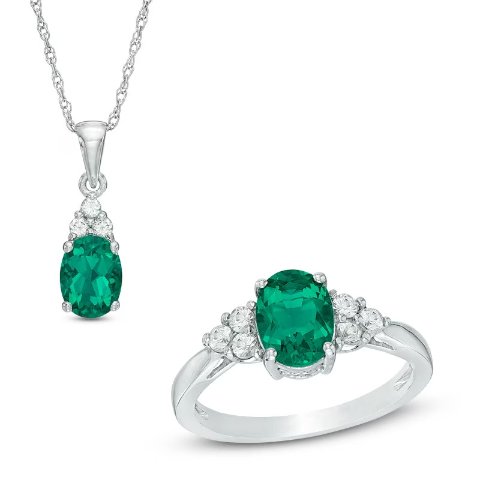 Oval Lab-Created Emerald Tri-Sides Pendant Ring Set Sterling Silver Size 7