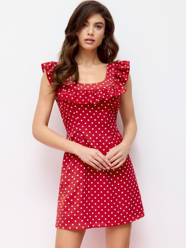 Polka Dot U-neck Ruffled Mini Dress