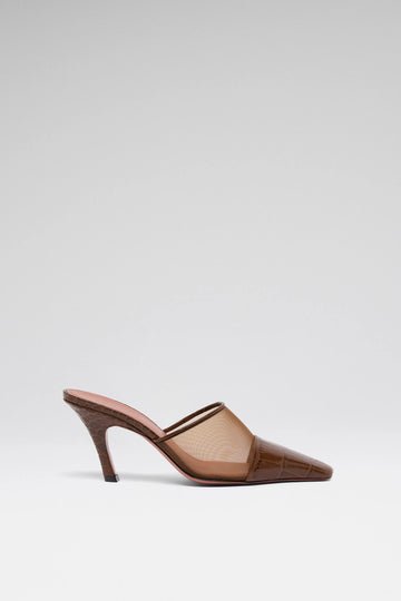 AMINA MUADDI Jamie Mesh Mule 80 Brown Tulle and Croc