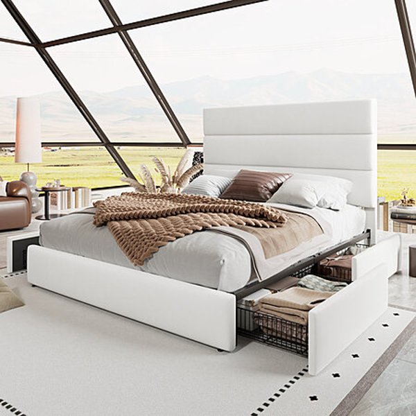 Mercer41 Platform Storage Bed Velvet Headboard Queen White