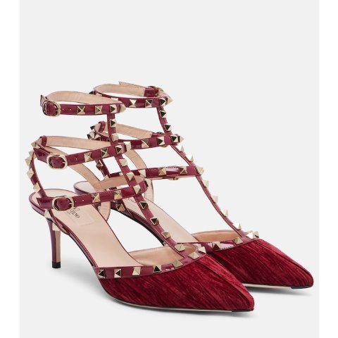 Valentino Rockstud 65 天鹅绒皮革高跟鞋