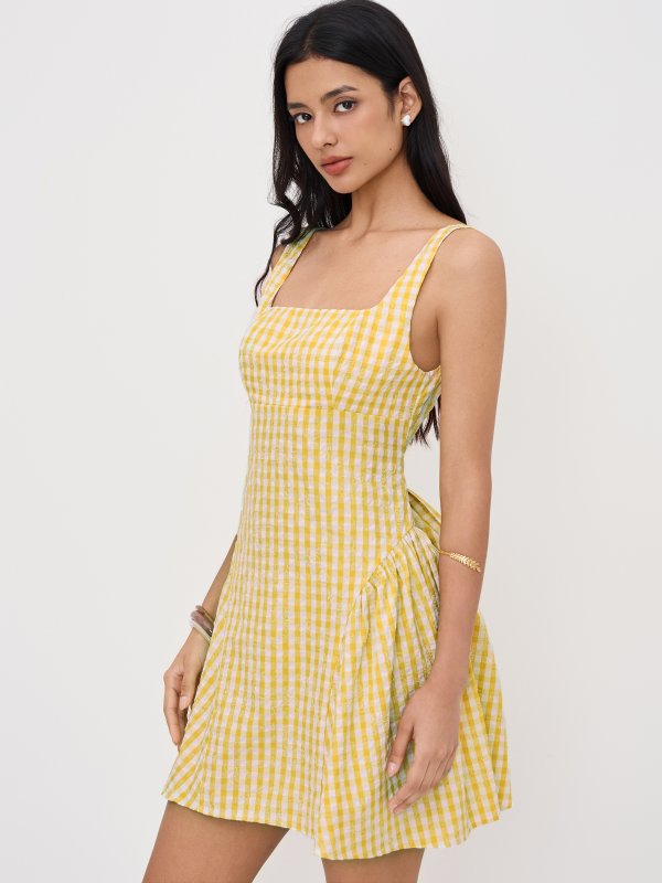  Square Neck Gingham Bow Mini Dress Cotton Blend