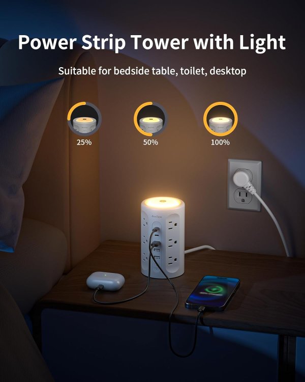 AnnTane Power Strip Tower Night Light 10FT White