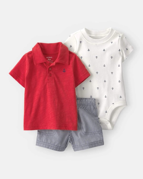 3-Piece Anchor Polo Outfit Set Red Blue White