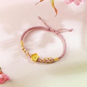 24K纯金桃花粉色编绳手链