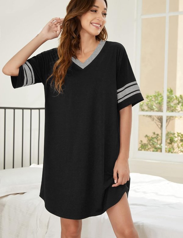 Cotton Short Sleeve Nightgown Color Block