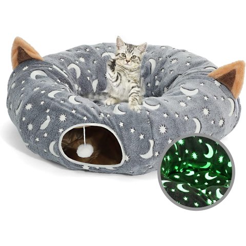 Cat Tunnel Bed 3FT Grey Moon Star Collapsible Flannel