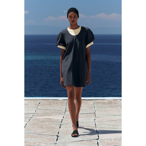 COSPuff-Sleeve Cotton Mini Dress Black