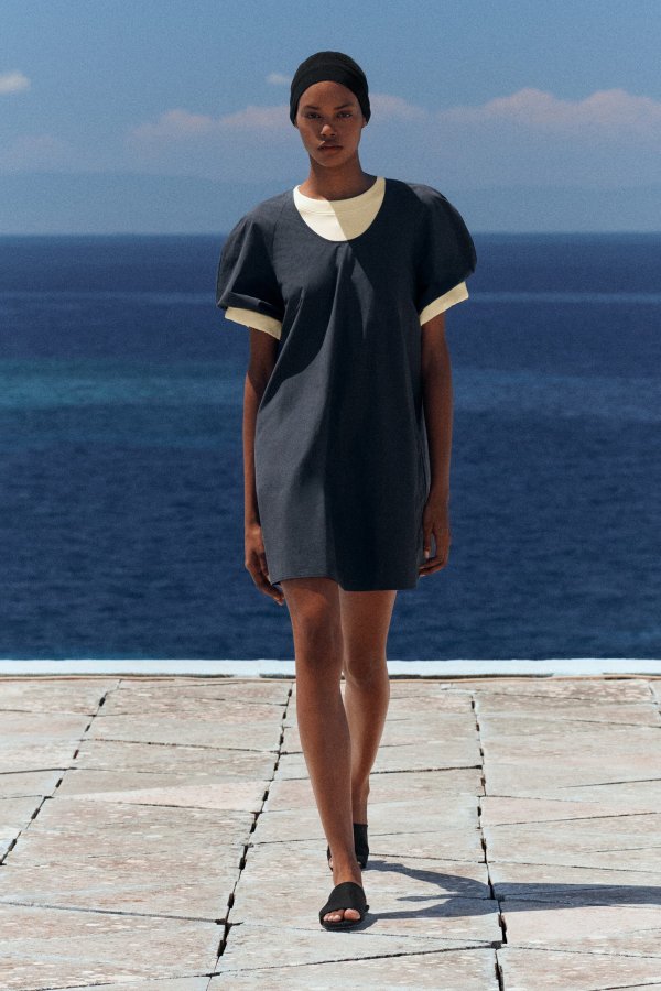 Puff-Sleeve Cotton Mini Dress Black