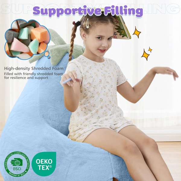 DUMOS Kids Bean Bag Chair Faux Rabbit Fur Blue 31 Inch