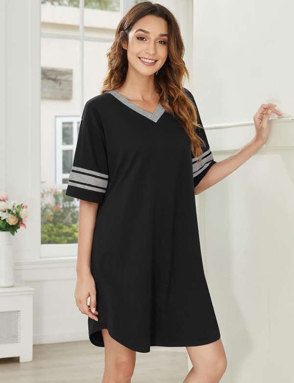 Cotton Short Sleeve Nightgown Color Block