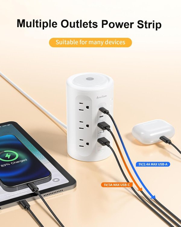AnnTane Power Strip Tower Night Light 10FT White