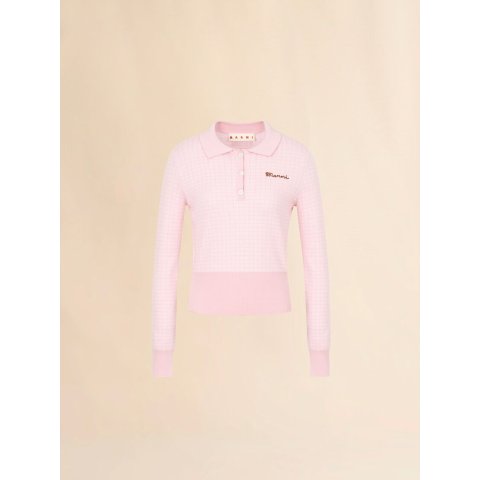 MarniPink Wool-Silk Jacquard Check Polo Shirt